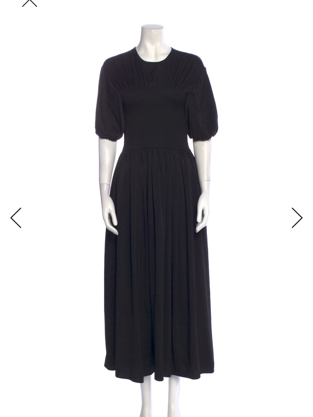 La Ligne Black Midi Dress with Smocked Bodice and Puff Sleeves